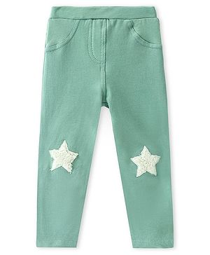 Babyhug French Terry Knit Full Length Stretchable Jeggings with Star Applique - Green