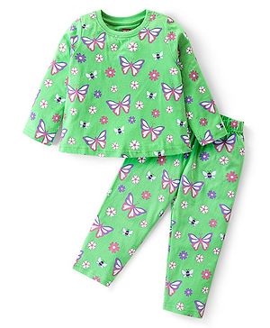 Babyhug Cotton Knit Full Sleeves Night Suit Butterfly Print - Light Green