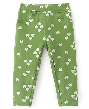 Babyhug Cotton Knit Full Length Jeggings With Stretch & Hearts Print - Green