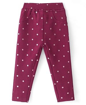 Babyhug French Terry Knit Full Length Stretchable Jeggings with Polka Dot Print - Maroon