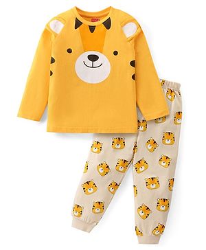 Babyhug Cotton Knit Full Sleeves Night Suit with Animal Print - Yellow