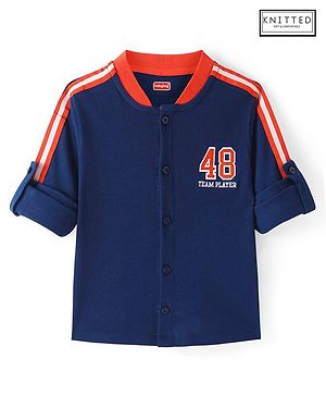 Babyhug Cotton Knit Full Sleeves Rib Collar Solid Shirt with Number Embroidery - Navy Blue