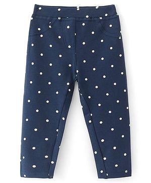 Babyhug French Terry Knit Full Length Stretchable Jeggings with Polka Dots Print - Blue