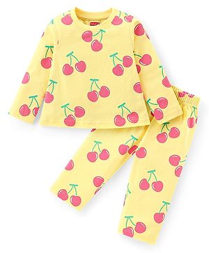 Babyhug Cotton Knit Full Sleeves Night Suit With Cherry Print - Yellow