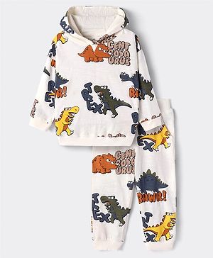 Bonfino 100% Cotton Knit Full Sleeves Dino Printed Hooded T-Shirt & Lounge Pant Set - White