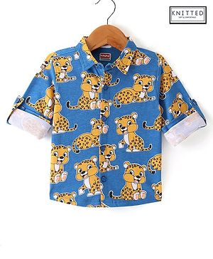 Babyhug Cotton Knit Full Sleeves Regular Collar Shirt with Cub Print - Navy Blue