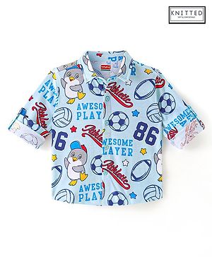 Babyhug Cotton Knit Full Sleeves Shirt with Penguin & Football Print - Blue