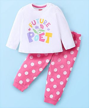 Babyhug Cotton Knit Full Sleeves Night Suit with Polka Dot Print - White & Pink