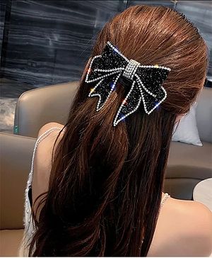 Ziory Stones Embellished & Bow Designed Hair Clip - Black