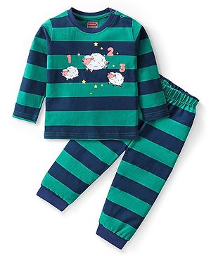 Babyhug Cotton Knit Full Sleeves Night Suit with Sheep Print - Blue & Green