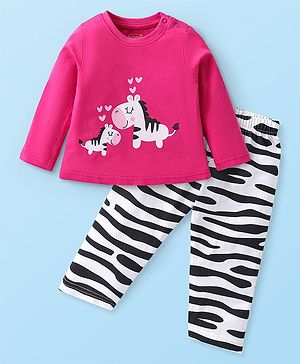 Babyhug Cotton Knit Full Sleeves Night Suit with Zebra Print - Pink & White