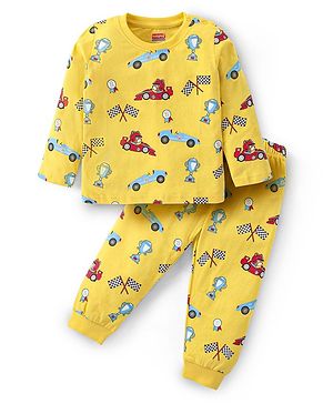 Babyhug Cotton Knit Full Sleeves Night Suit with Racing Car Print - Yellow