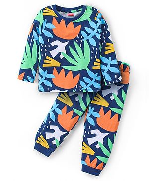 Babyhug Cotton Knit Full Sleeves Night Suit with Tropical Theme - Navy Blue
