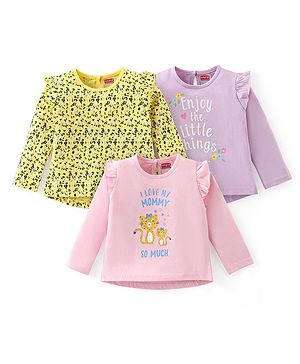 Babyhug Cotton Knit Full Sleeves Tops with Frill Detailing & Text  Print Pack of 3 - Multicolor