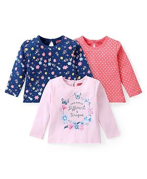 Babyhug Cotton Knit Full Sleeves Top with Text & Floral Print Pack of 3 - Multicolor