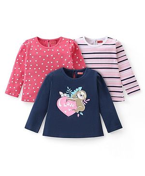 Babyhug Cotton Knit Full Sleeves Striped T-Shirt Heart Print Pack of 3  - Multicolor