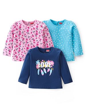 Babyhug Cotton Knit Full Sleeves T-Shirts With Hearts & Floral Print Pack of 3 - Blue & Pink