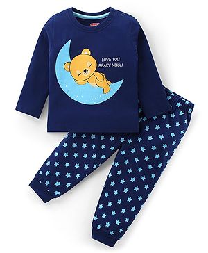 Babyhug Cotton Knit Full Sleeves Night Suit Bear Print- Navy