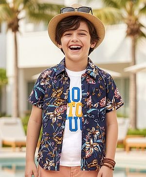 Pine Kids Viscose Woven Half Sleeves Butterfly Printed Shirt With Inner Tee - Navy Blue