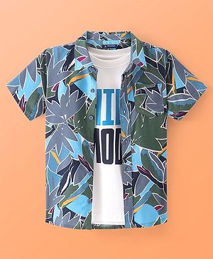 Pine Kids Viscose Woven Half Sleeves Abstract Printed Shirt With Inner Tee - Grey