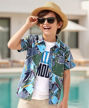 Pine Kids Viscose Woven Half Sleeves Abstract Printed Shirt With Inner Tee - Grey