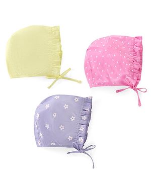Babyhug Cambric Woven Cap with Knot Polka Dot & Floral Print Pack of 3 - Multicolor
