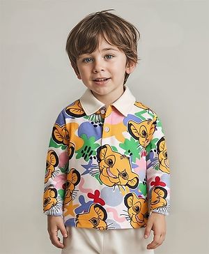 Babyhug Disney Single Jersey Knit Full Sleeves Polo T-Shirt with Lion King Print - White