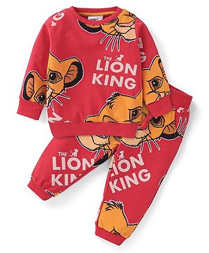 Babyhug Disney Terry Knit Full Sleeves T-Shirt & Lounge Pants Co-Ord Set With Lion King Graphics - Red