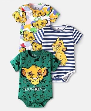 Babyhug Disney Interlock Knit Half Sleeves Striped & The Lion King Printed Onesies Pack of 3 - Green & White