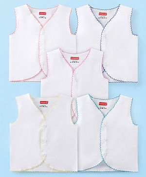 Babyhug 100% Cotton Woven Sleeveless Front Open Solid Color Jhabla Pack of 5- White