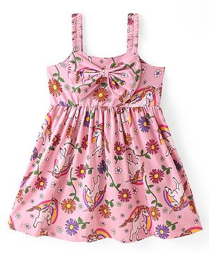 Babyhug Cotton Knit  Sleeveless Frock with Bow Applique & Floral Print - Pink