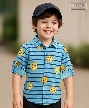 Babyhug Cotton Pique Textured Knit Full Sleeves Striped Shirt With Emojis Print - Light Blue