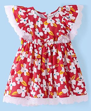 Babyhug Cotton Woven Frill Sleeves Frock With Lace Detailing Floral Print & Bow Applique- Multicolor