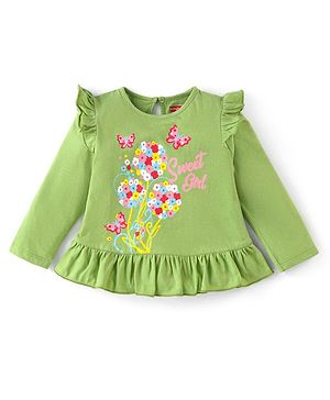Babyhug 100% Cotton Knit Full Sleeves Top with Floral Grapics & Frill Detailing - Green