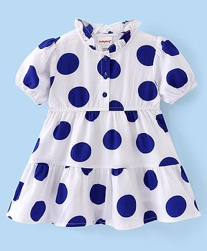 Babyhug 100% Cotton Woven Half Sleeves  Tiered Frock with Boby Print - White & Blue