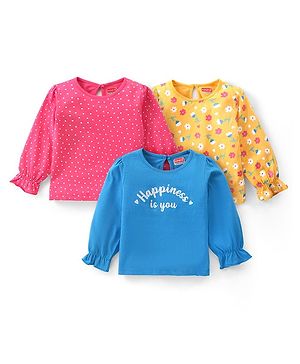 Babyhug Cotton Knit Full Bell Sleeves  Tops with Polka Dots Text & Floral Print Pack of 3 - Pink Blue & Yellow