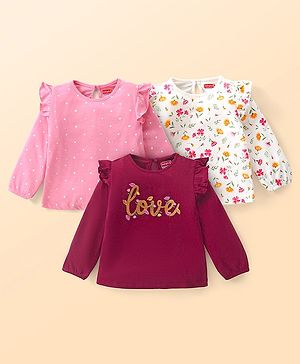 Babyhug Cotton knit Full Sleeves Tops with Frill Detailing & Floral Print Pack of 3 - Maroon Pink & White