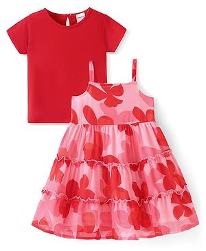 Babyhug Cotton Knit Half Sleeves Tiered Floral Printed Frock with Inner T-Shirt - Red