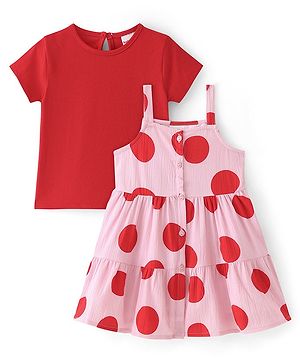 Babyhug Cotton Woven Half Sleeves T-Shirt With Polka Dot Print Frock - Pink & Red