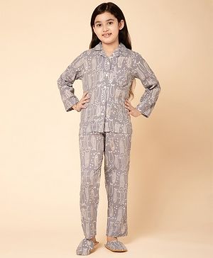 Piccolo Cotton Woven Full Sleeves Fish Printed Night Suit - Grey