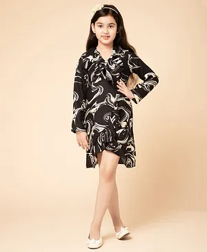 Piccolo Rayon Full Sleeves Details Printed Dress - Black