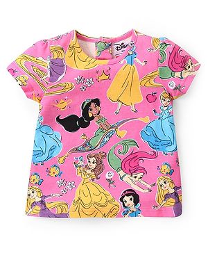Babyhug Disney Single Jersey Knit Half Sleeves T-Shirt with Disney Princess Print -Pink