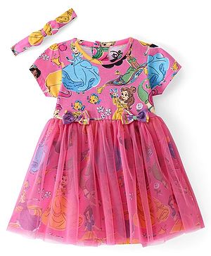 Babyhug Disney Cotton Knit Half Sleeves Mesh Overlay Princess Printed Frock With Bow & Headband - Pink