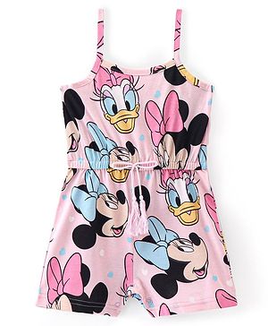 Babyhug Disney Single Jersey Knit Singlet Jumpsuit with Minnie Mouse & Friends Print & Bow Detailing - Pink