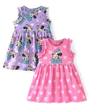 Babyhug Disney Cotton Knit Sleeveless Frocks with Minnie Mouse Graphic & Frill Detailing  Pack of 2 - Purple & Pink