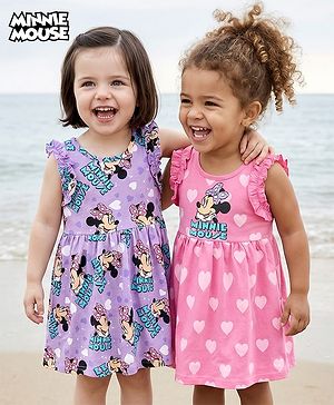 Babyhug Disney Cotton Knit Sleeveless Frocks with Minnie Mouse Graphic & Frill Detailing  Pack of 2 - Purple & Pink