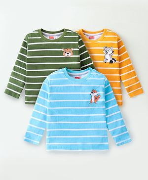 Babyhug 100% Cotton Knit Full Sleeves Striped T-Shirt Koala Print Pack of 3-  Blue Yellow & Green