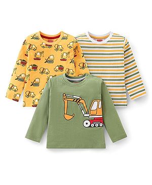 Babyhug Cotton Knit Full Sleeves T-Shirt With Stripes & Construction Vehicles Print Pack Of 3 - Multicolor