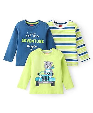 Babyhug Cotton Knit Full Sleeves T-Shirt With Stripes & Text Print Pack Of 3 - Multicolor