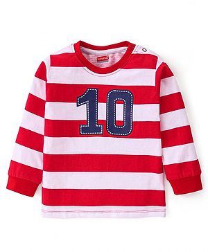 Babyhug Cotton Knit Full Sleeves T-Shirt with Number Embroidery & Stripe Print - Red & White